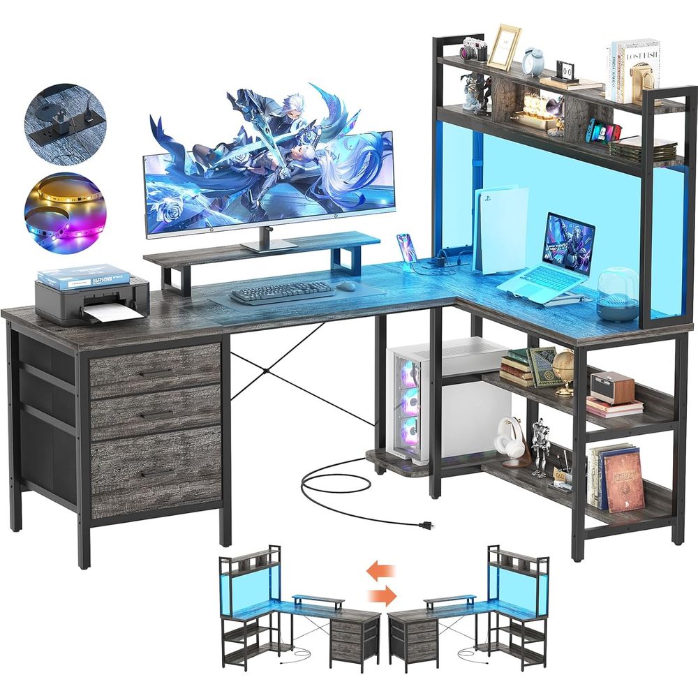 Home Office L Shaped Desk - Mesa em L com Luzes LED