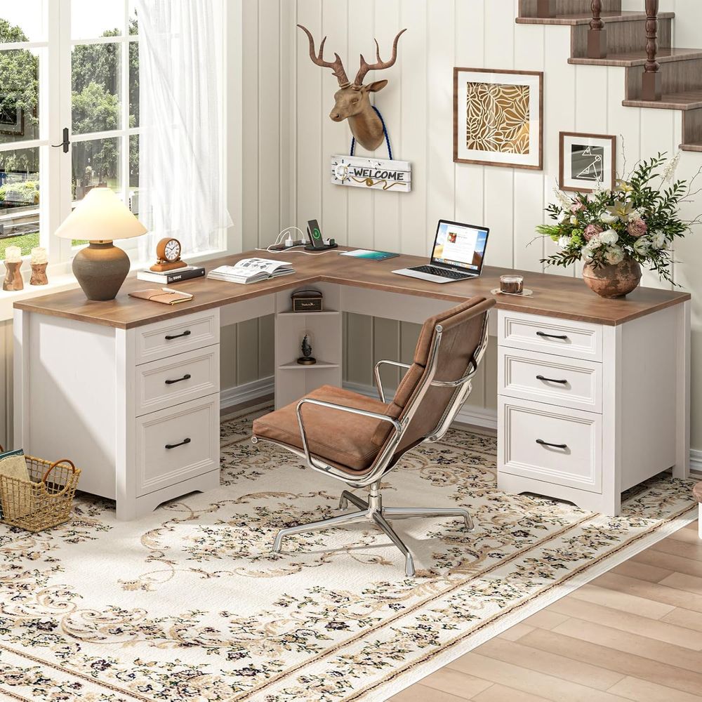 Home Office L Shaped Desk - Escrivaninha Executiva Marrom em Forma de