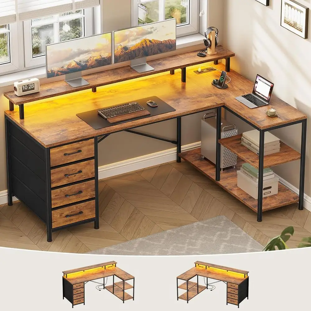 Mesa em L com 4 Gavetas, Prate - Home Office L Shaped Desk avaliação e preço