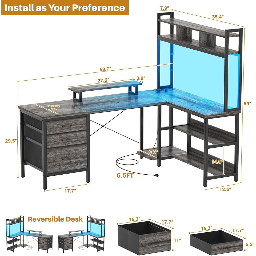 Mesa em L com Luzes LED para J - Home Office L Shaped Desk avaliação e preço