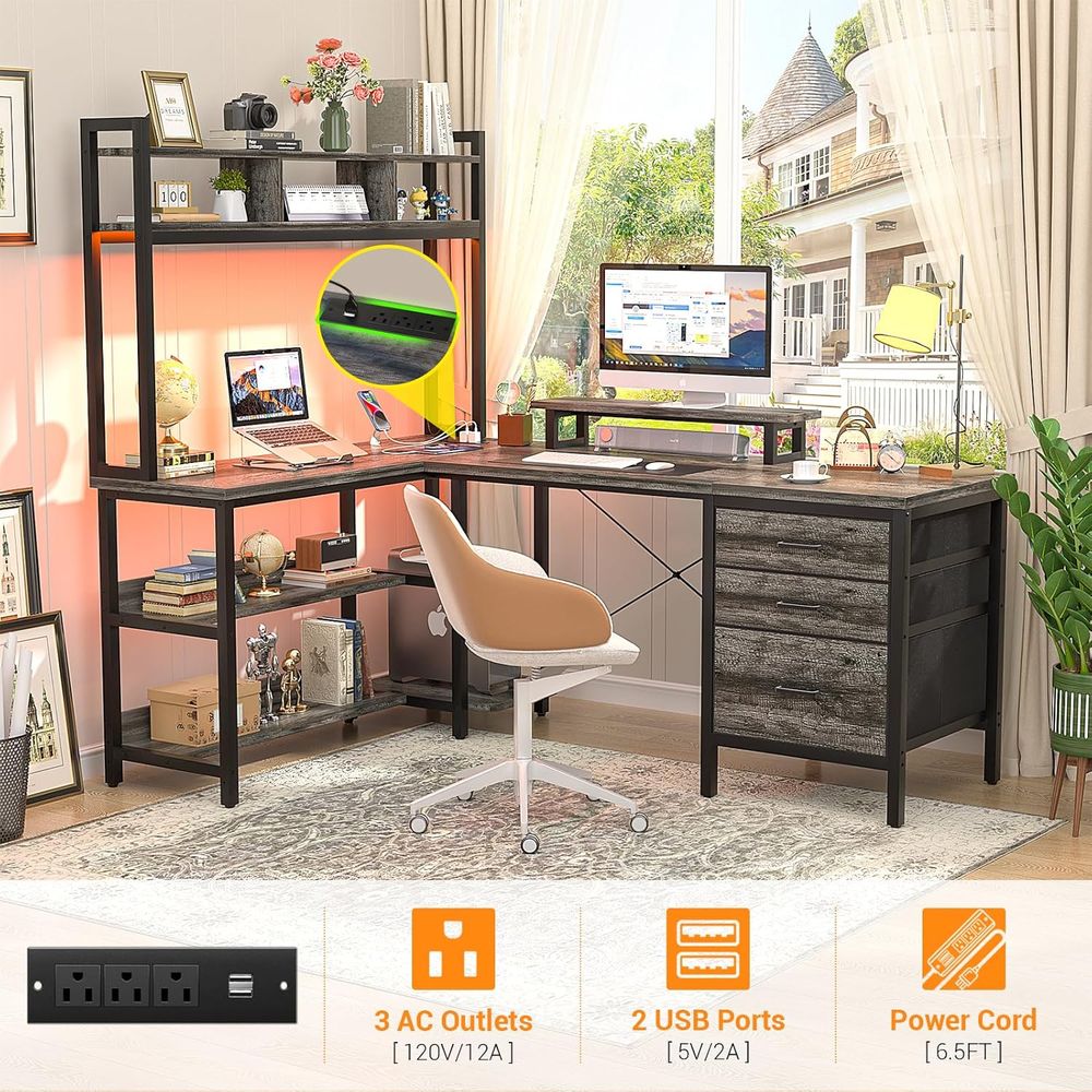 Mesa em L com Luzes LED para J - Home Office L Shaped Desk avaliação e preço